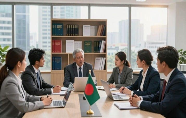 Business meeting for company registration in Bangladesh with legal consultants