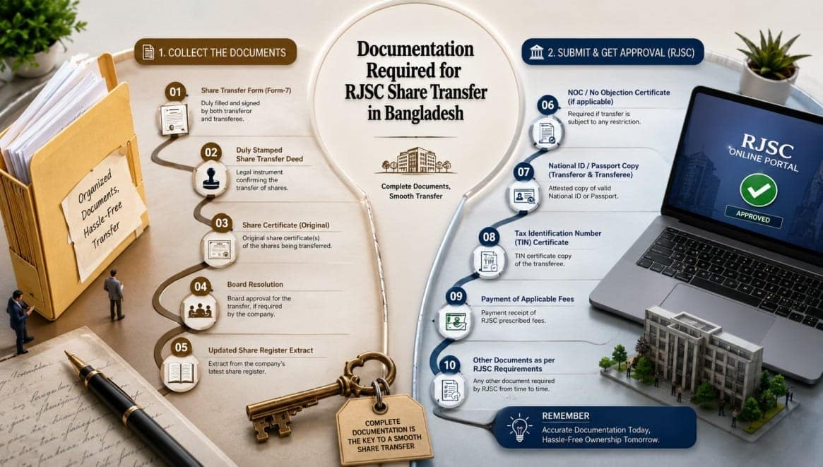 RJSC share transfer documentation checklist including Form-7 and board resolution