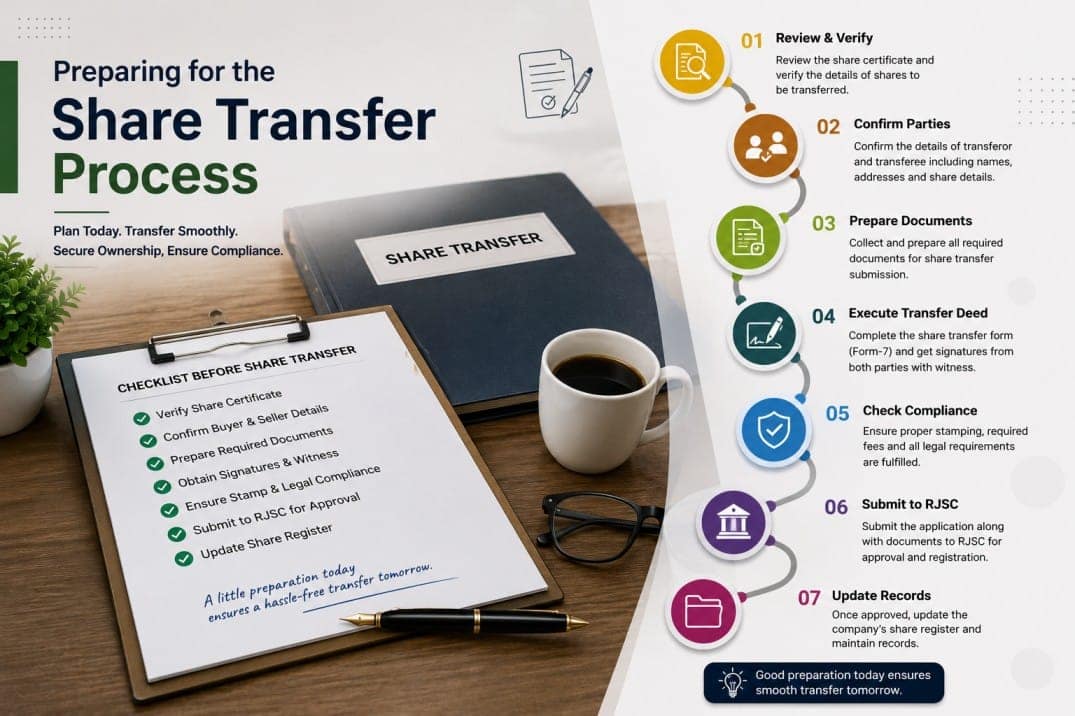 Checklist for share transfer process preparation and RJSC submission