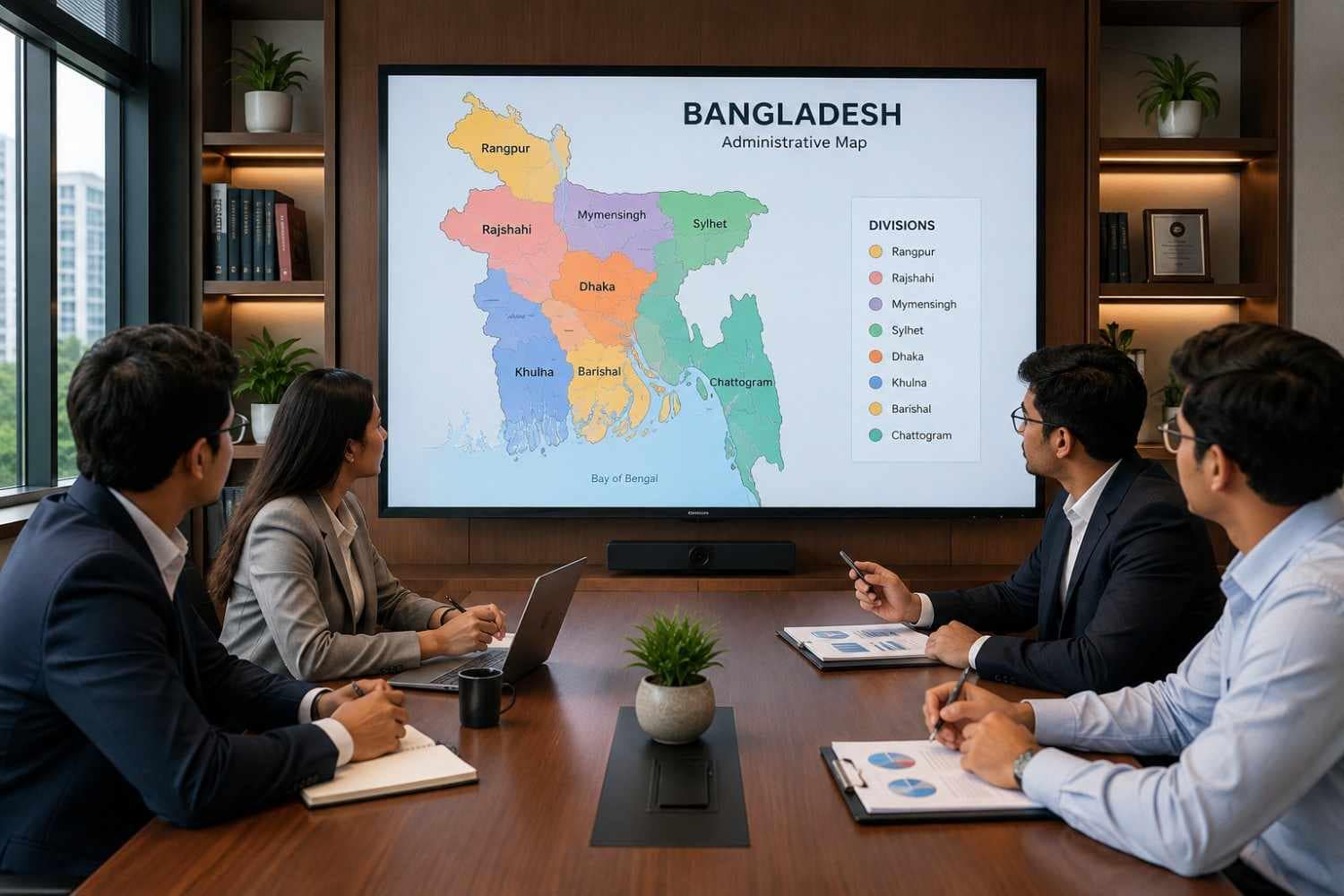 Business meeting discussing partnership firm registration across Bangladesh divisions