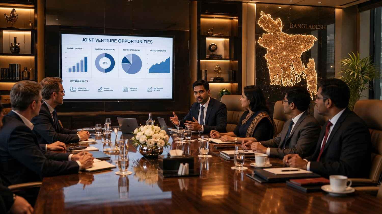 Foreign and local partners discussing a joint venture in Bangladesh